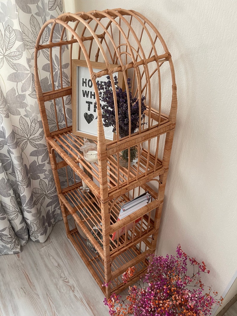 arched wicker shelf rattan bookcase plant stand boho furniture shoe rack shelf vintage style storage shelf natural wicker rattan plant stand image 8