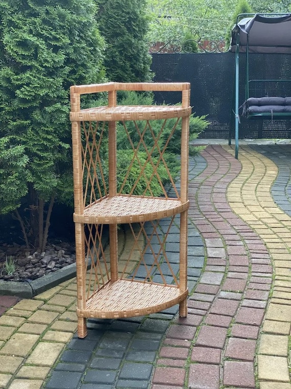Natur-Eckregal Korbwaren Bücherregal Rattan Etagere Blumenbank Blumenregal Boho Möbel