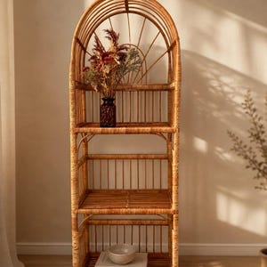 arched wicker shelf rattan bookcase plant stand boho furniture shoe rack shelf vintage style storage shelf natural wicker rattan plant stand image 6