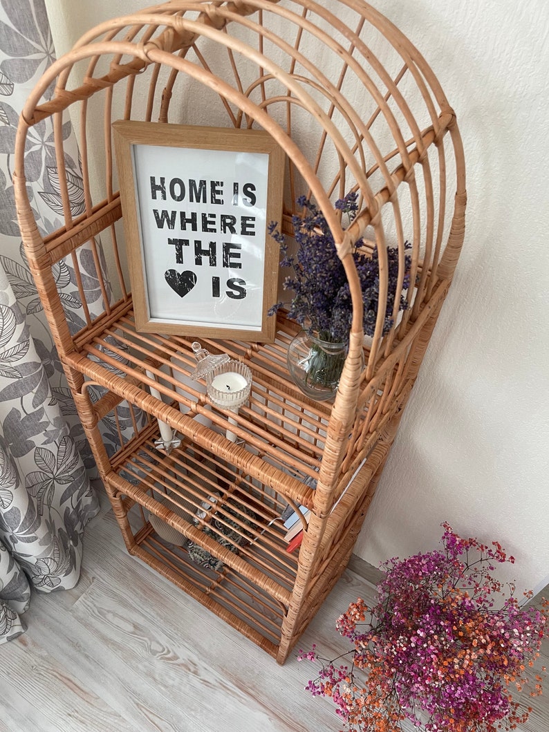 arched wicker shelf rattan bookcase plant stand boho furniture shoe rack shelf vintage style storage shelf natural wicker rattan plant stand image 7