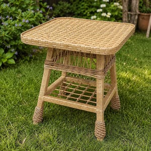 handwoven square coffee table ecofriendly side table natural patio furniture rustic wood coffee table boho furniture woven small table