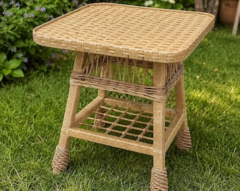 handwoven square coffee table ecofriendly side table natural patio furniture rustic wood coffee table boho furniture woven small table