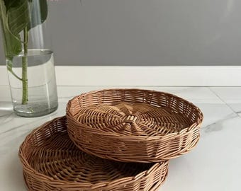 handmade round wicker serving tray ecofriendly rustic rattan breakfast tray  natural woven wicker food tray small serving tray