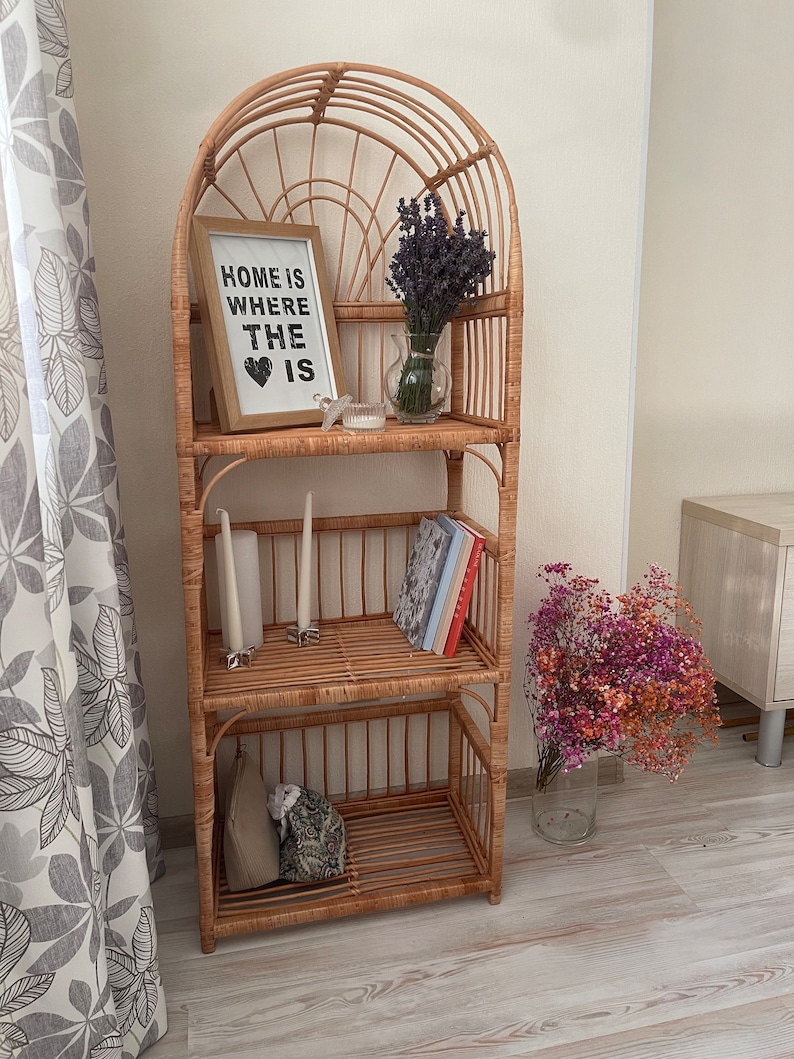 arched wicker shelf rattan bookcase plant stand boho furniture shoe rack shelf vintage style storage shelf natural wicker rattan plant stand image 5
