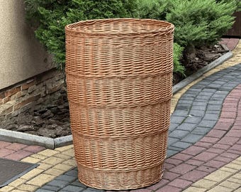Cesta de mimbre redonda alta hecha a mano, cesto para ropa sucia natural alto, contenedor de almacenamiento de ratán rústico, cesta de almacenamiento de juguetes ecológica, organizador de mimbre