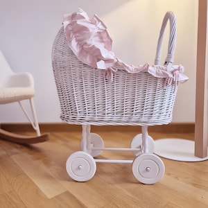 witte rieten poppenwagen handgemaakte rieten kinderwagen speelgoed opslag gevoerde kinderwagen milieuvriendelijke babyshower cadeau rieten poppenwagen