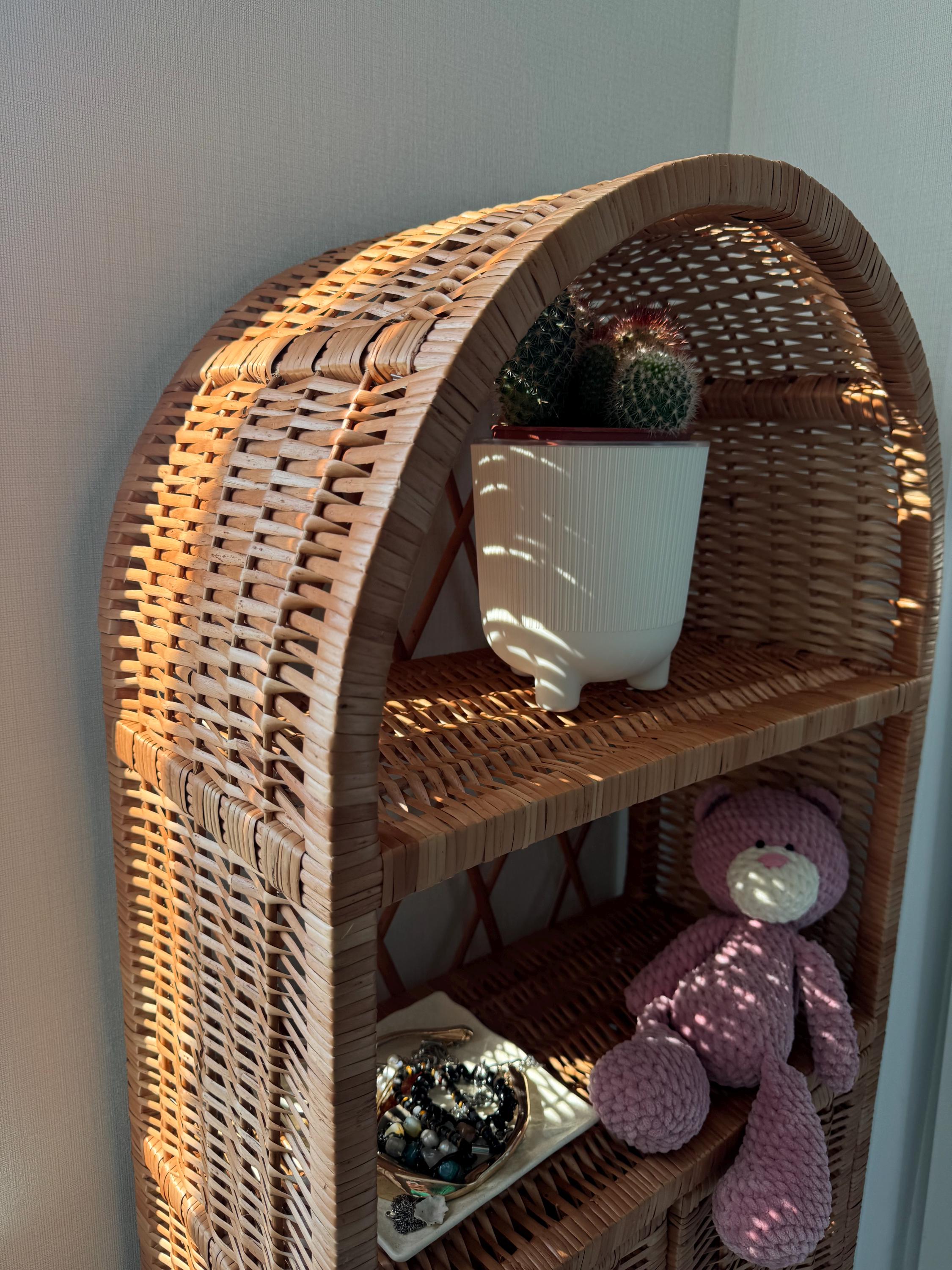 扉付きアーチ型キャビネット、籐製本棚、環境に優しいボヘミアン家具