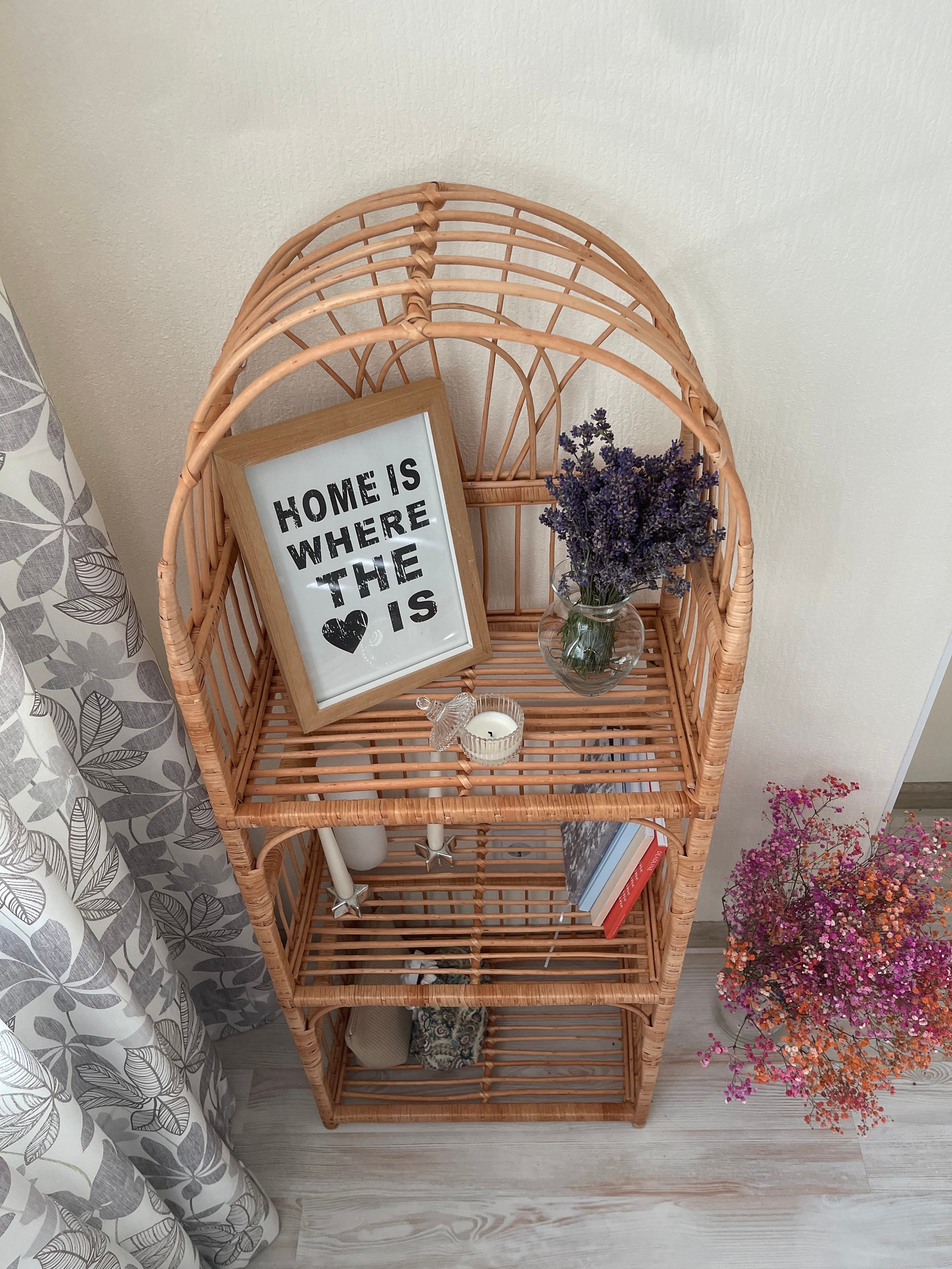 アーチ型の籐の棚、ラタンの本棚、植物スタンド、ボヘミアン家具