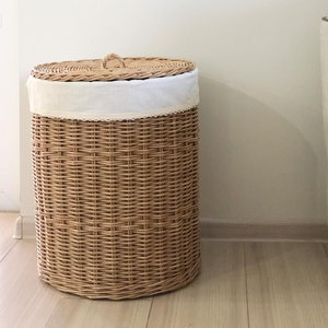 Naturalny wiklinowy kosz na pranie z pokrywką, rattanowy, ręcznie robiony, okrągły kosz na pranie, tkany organizer do łazienki