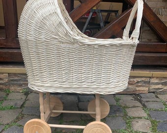 wicker doll stroller push buggy handmade wicker doll pram natural wicker  baby carriage ecofriendly wicker toy storage baby girl gift
