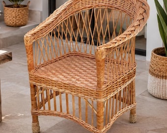 Willow Garden Armchair, Wicker Boho Seating Eco-friendly Patio Chair, Outdoor Rattan Seat, Rustic Wedding Decor, Woven  Accent Chair