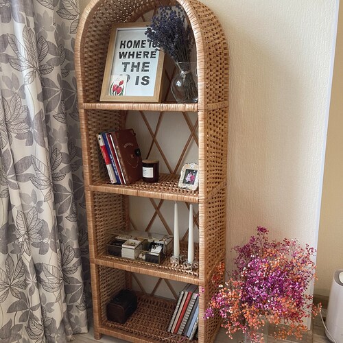 arched wicker bookshelf rattan bookcase plant stand boho furniture arch wicker shelf storage shelf natural wicker rattan plant stand