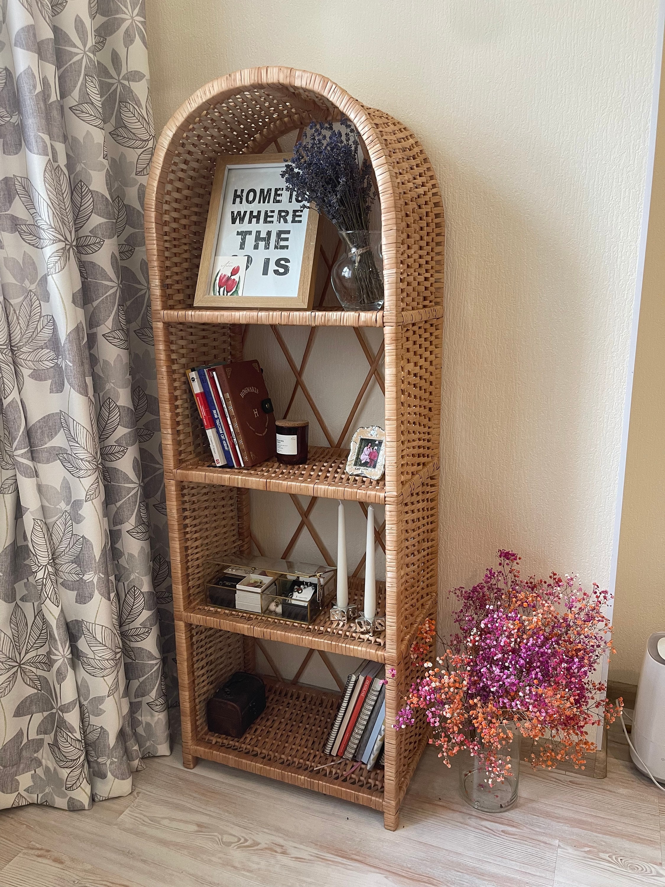 Arched Wicker Bookshelf Rattan Bookcase Plant Stand Boho Furniture Arch Wicker Shelf Storage Shelf Natural Wicker Rattan Plant Stand Etsy