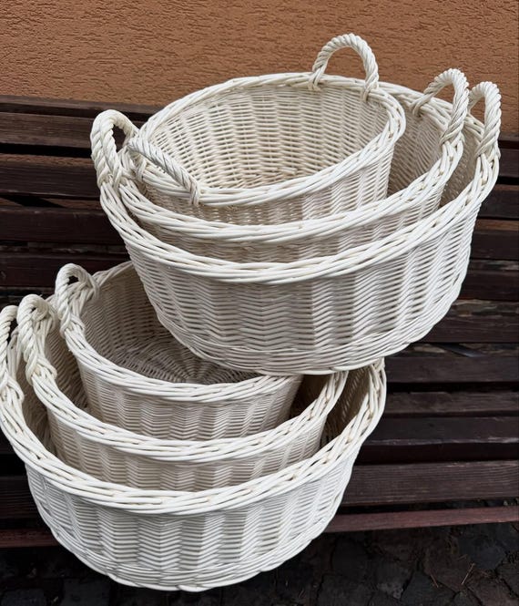 Weiße runde Weidenkörbe handgemachter Obstkorb Boho Dekor 3er Set runde Aufbewahrungskörbe natürliche Rattan Organisatoren Körbe mit Griffen