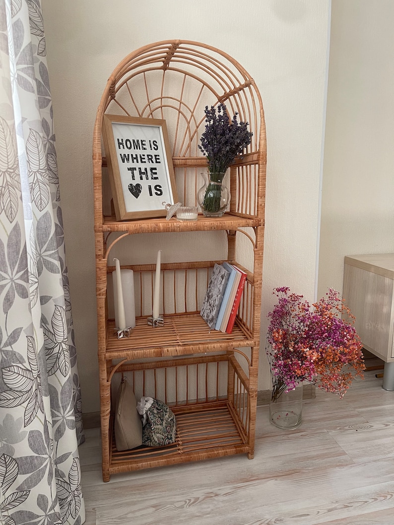 arched wicker shelf rattan bookcase plant stand boho furniture shoe rack shelf vintage style storage shelf natural wicker rattan plant stand image 1