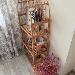 arched wicker shelf rattan bookcase plant stand boho furniture shoe rack shelf vintage style storage shelf natural wicker rattan plant stand image 2