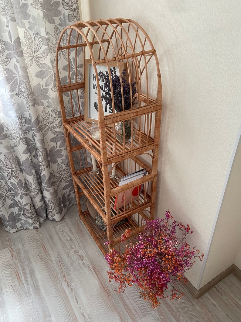 arched wicker shelf rattan bookcase plant stand boho furniture shoe rack shelf vintage style storage shelf natural wicker rattan plant stand image 2