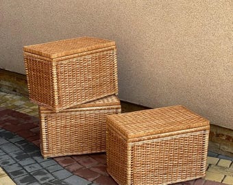 naturalny kosz rattanowy z pokrywką ręcznie robiony organizer wiklinowy ekologiczny kosz wiklinowy pojemnik na pościel pudełko rattanowe kosz do przechowywania skrzynia wiklinowa