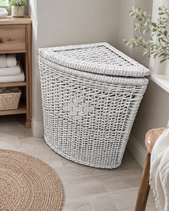 Eckwäschekorb aus Weide, Rattan-Organizer, Eckwäschekorb aus Holz, Aufbewahrungskorb fürs Badezimmer, umweltfreundlicher Wäschekorb mit Deckel