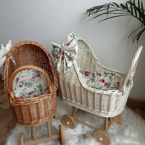 natural wicker doll stroller push buggy handmade wicker baby carriage ecofriendly toy storage wicker doll pram baby girl shower gift