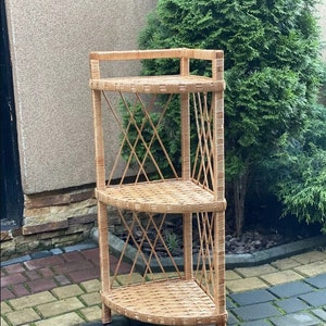 natural corner shelf wicker book shelf rattan etagere bookcase plant stand rattan shelving unit with 3 shelves boho furniture
