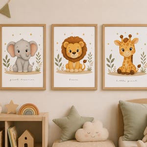Set of 3 decorative prints for a child's room featuring a safari theme, neutral jungle prints, and a lion, elephant, and giraffe.
