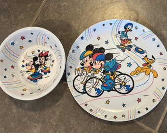 Vintage Disney Mickey Mouse and Minnie Melamine Bowl and Plate