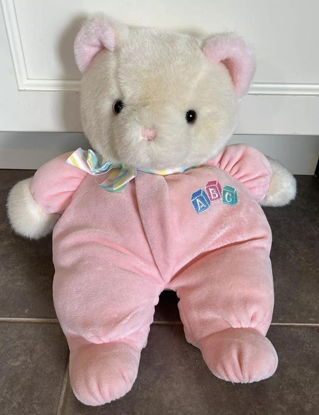 Vintage Eden Bear Pink Pyjamas ABC Blocks Ribbon Neck Pastel