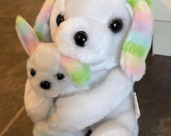 Vintage Pastel Rainbow Ears Puppy Dog Hugging Plush Toy Fancy Toy 8 inch