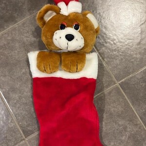 Vintage 80s Teddy Christmas Stocking Plush Brown Bear Holiday Forest Green
