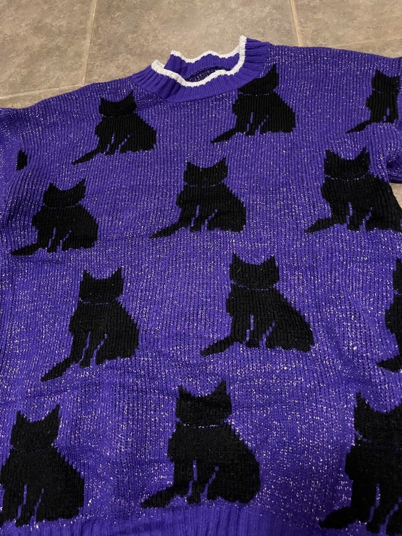 90s Purple Black Cat Print Sweater Ladies Size Small Etsy