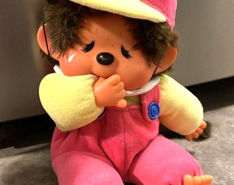 Vintage 90's Monchichi Plush Squeaker Plush Toy 10" sad face
