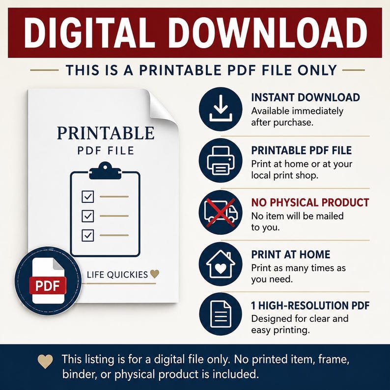 May include: A digital download informational graphic featuring the text DIGITAL DOWNLOAD and THIS IS A PRINTABLE PDF FILE ONLY. It includes a clipboard icon, a PDF icon, and five circular icons with text explaining the instant download process.