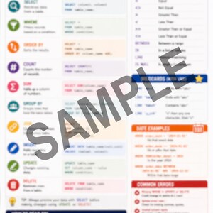 May include: A SQL Quickie reference guide printed on a white sheet with blue, teal, and orange headers. The document features columns for common SQL commands, operators, wildcards, date examples, and common errors, all overlaid with a gray SAMPLE text.