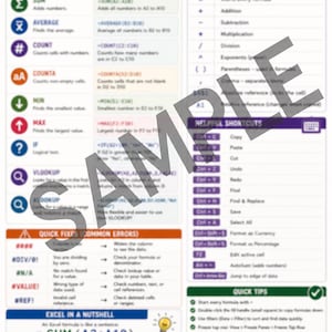 Peut inclure: Un guide de référence blanc intitulé Excel Quickie présentant des sections sur les formules courantes, les symboles, les raccourcis et les correctifs. Le document inclut des icônes colorées, des explications textuelles et un filigrane sample.