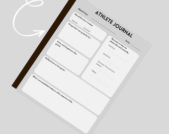 May include: A printable athlete journal page featuring sections for match day, mood tracking, gratitude, goals, game reflections, and daily accomplishments. The layout includes fields for nutrition, hydration, recovery, and sleep tracking with circular icons.