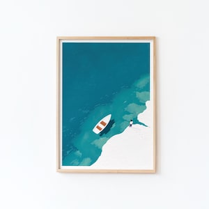 Illustratie van strand en zee, minimalistische wanddecoratie, minimalistische wandkunst, strand- en zeedecoratie, tedere verbeelding