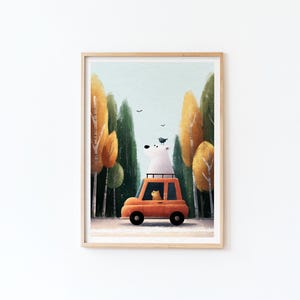 Animals in a car poster by Tendre Imaginaire, decoration for children's room, gouache style illustration of autumn forest