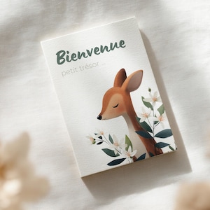 Carte de naissance " Bienvenue petit trésor " par Tendre Imaginaire, plusieurs langues, petit faon, illustration douce pour bebe,