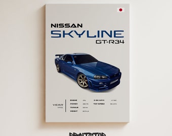 Póster del Nissan Skyline R34, arte mural de leyenda JDM, impresión de alta calidad de coches clásicos, regalo perfecto para amantes de los coches.