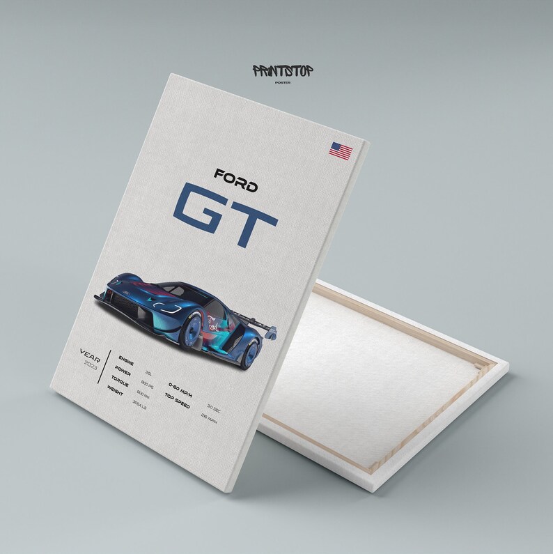 May include: A blue and black Ford GT sports car with the text "FORD GT" in white. The car is on a white background with the text "YEAR 2023", "ENGINE 3.5L", "POWER 660 HP", "TORQUE 550 NM", "0-60 MPH 3 SEC", "TOP SPEED 205 MPH", and "WEIGHT 3004 LB".