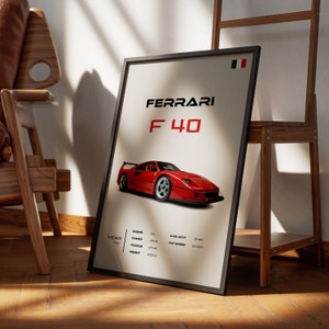 Póster de Ferrari F40, arte mural de superdeportivo vintage, decoración automotriz, impresión de coche de colección, regalo para entusiastas de los coches clásicos