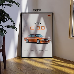 BMW E30 Poster, Vintage Car Enthusiast Wandkunst, klassisches Automobildekor, hochwertiger Druck, Geschenk für BMW Liebhaber