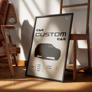 May include: A black and white poster with the text "CAR CUSTOM CAR" and a silhouette of a car. The poster also includes information about the car's engine, power, torque, weight, 0-60 mph time, and top speed.