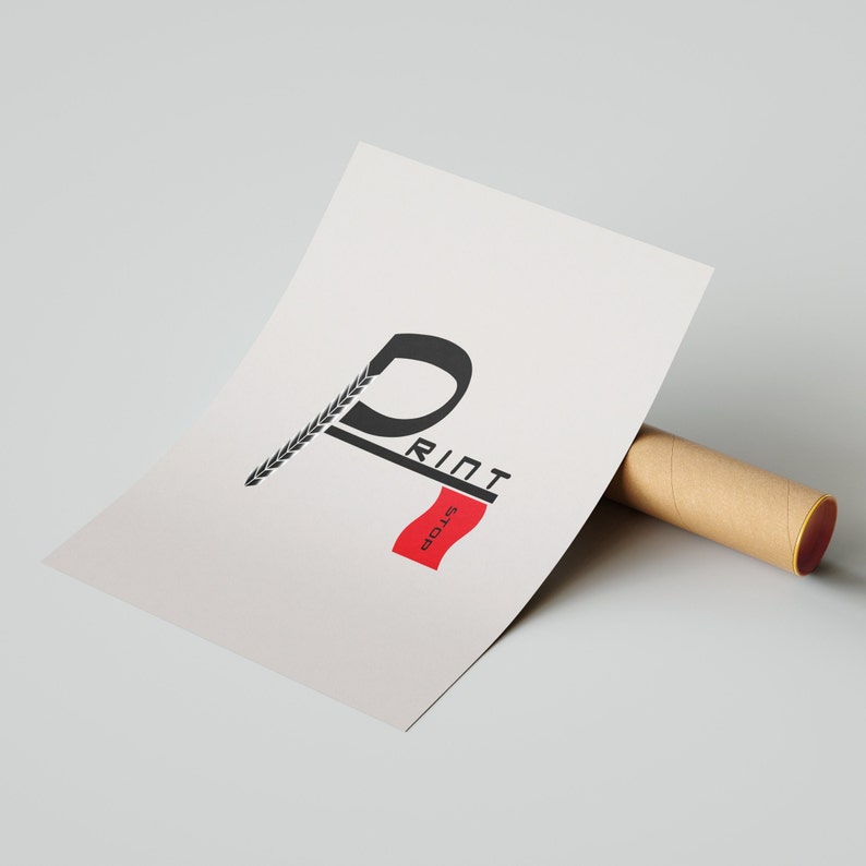 May include: A white sheet of paper with a black and white logo that says "Print Shop" with a red flag. The logo is a stylized letter "P" with a wheat stalk.