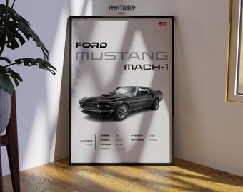 1969 Ford Mustang Mach-1 Poster, Classic American Muscle Car Print, Vintage Automotive Wall Art, Canvas Wall Decor, Gift for Car Lovers