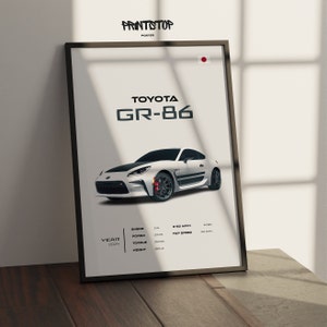 May include: A white 2024 Toyota GR-86 sports car poster with black text and a red brake caliper. The poster includes the car's specifications, including engine size, horsepower, torque, and weight.