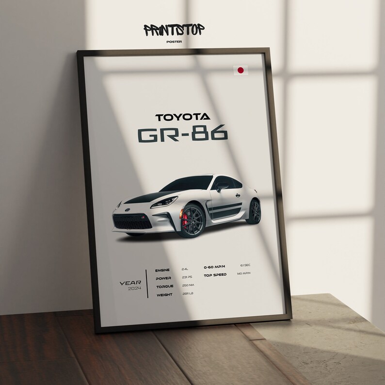 May include: A white 2024 Toyota GR-86 sports car poster with black text and a red brake caliper. The poster includes the car's specifications, including engine size, horsepower, torque, and weight.