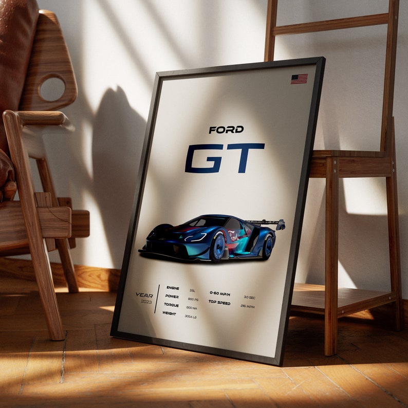 May include: A poster featuring a blue and black Ford GT race car with the text "FORD GT" in a blue font. The poster also includes the car's specifications, including year, engine, power, torque, weight, 0-60 mph, and top speed.