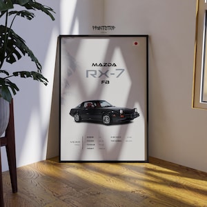 May include: Black framed poster of a Mazda RX-7 FB car. The poster includes car specifications like engine size, power, torque, and weight. The year 1985 is also displayed. The poster is in a black frame.